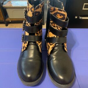 Leopard Print and Black Buckle Ankle Boots